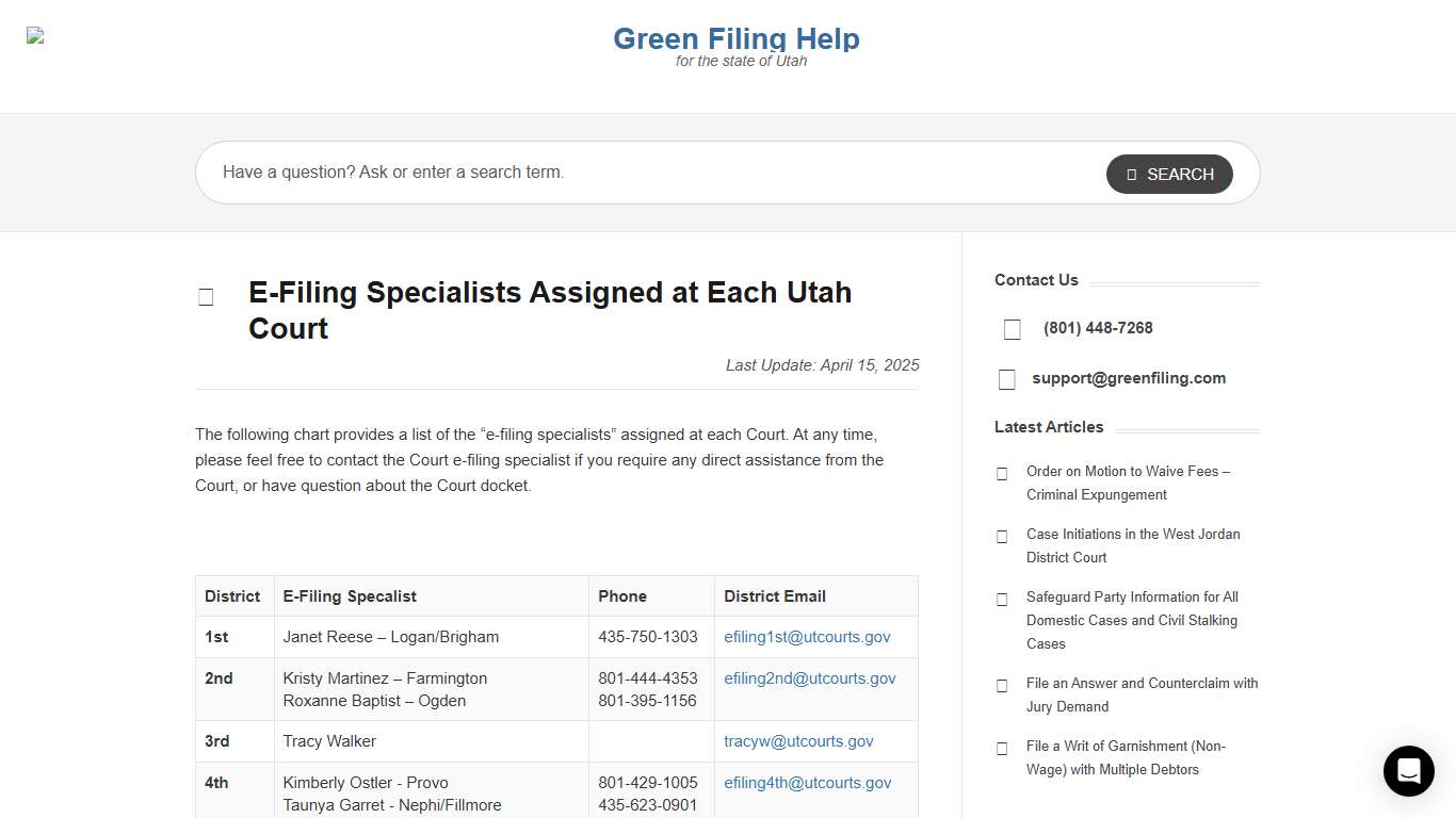 E-Filing Specialists Assigned at Each Court in the State of Utah
